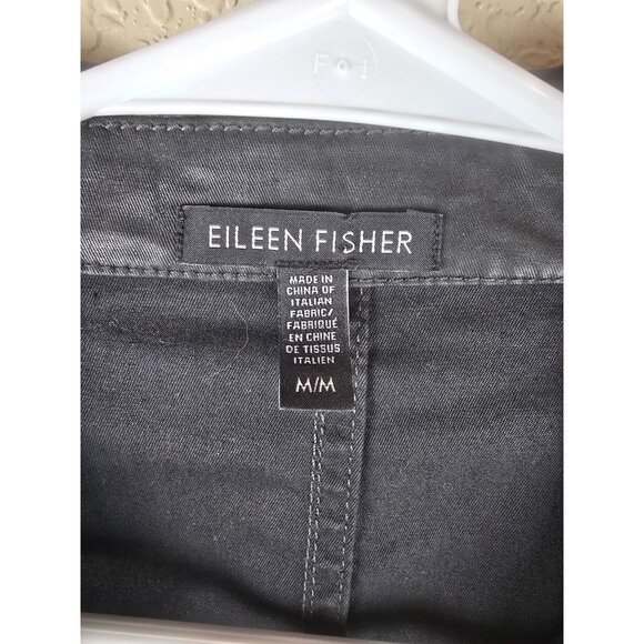 Eileen Fisher Waxed Cotton Italian Fabric Black Moto Jacket M Classic - Picture 3 of 7
